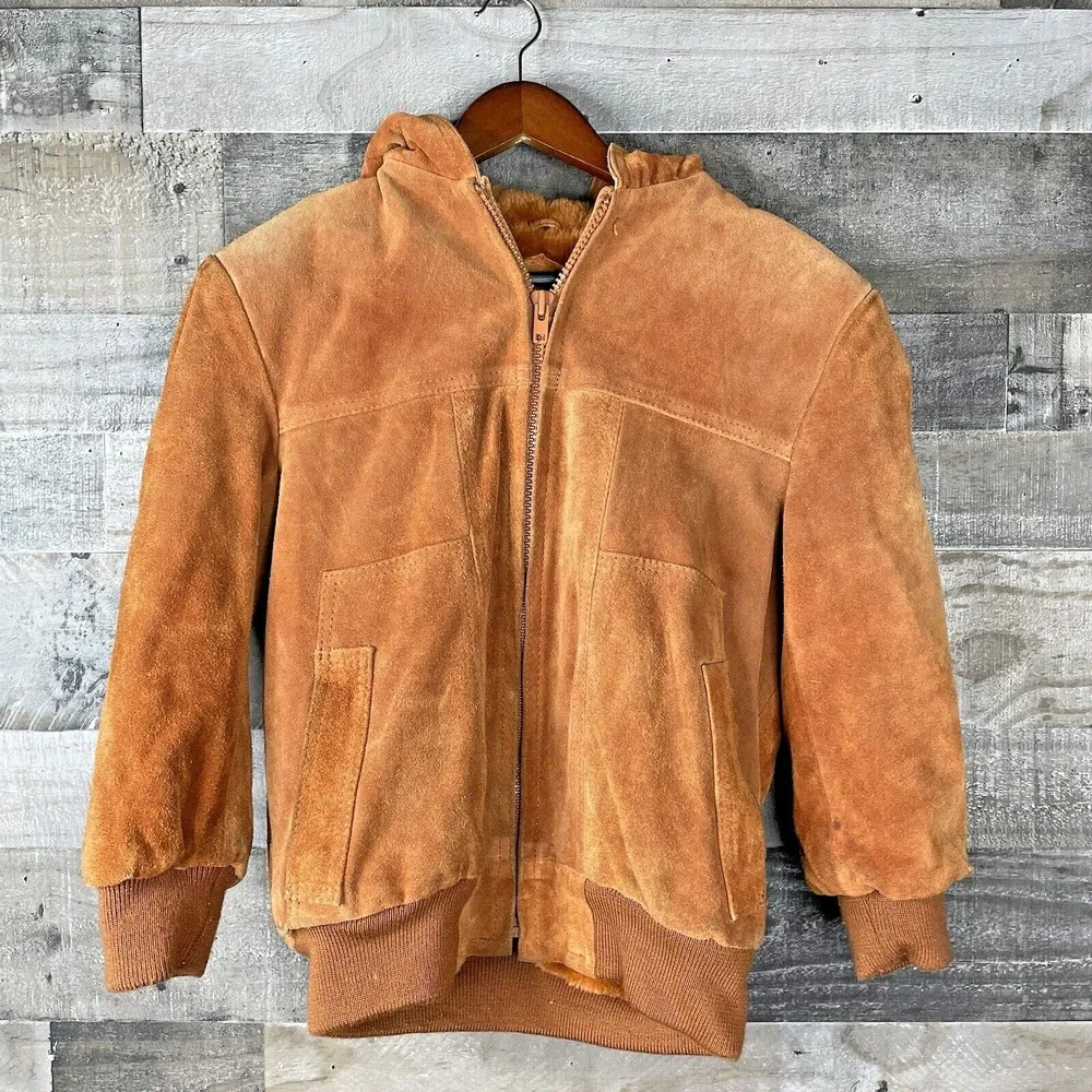 Vtg Hi Gear Mens S Rust Brown Leather Suede Jacket Lined Hooded Heavy‎ Western